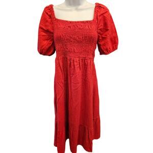 Isabela Maternity Tiered Ruffled Red Linen Dress M Smocked peasant cottagecore